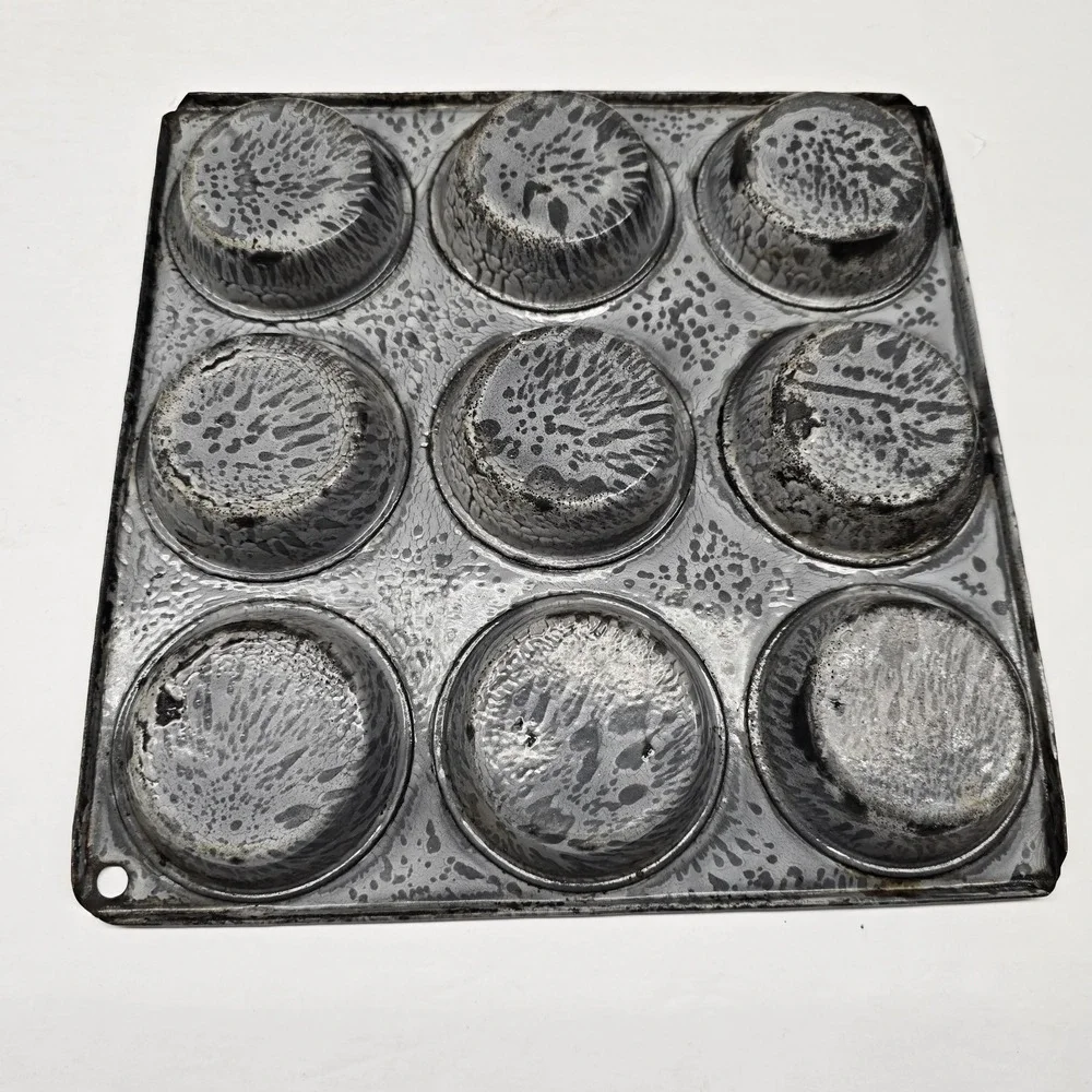 Vintage Gray Granite 9 Muffin Pan Muffins Enamel Ware Kitchen Baking Graniteware